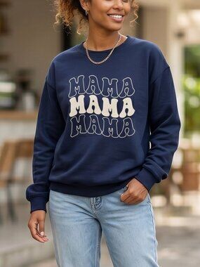 NWOT | Navy Blue Mama  Graphic Print Crew Neck Fleece Oversized Sweatshirt Small